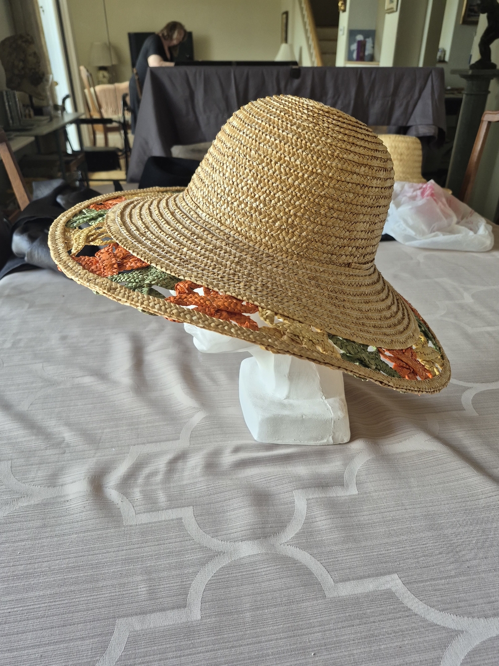 Straw Sun Hat with Orange & Green Crochet Trim